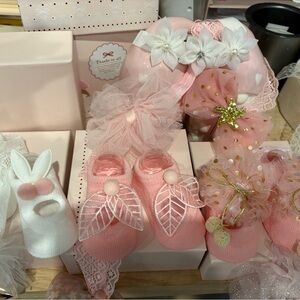 Set of 3 pairs of baby booties, includes matching headbands,